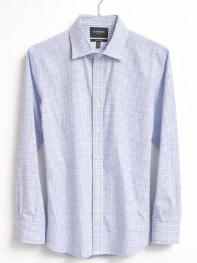 Bonobos Dress Shirt Blue Check Slim Fit Wrinkle-Free Cotton 16 34